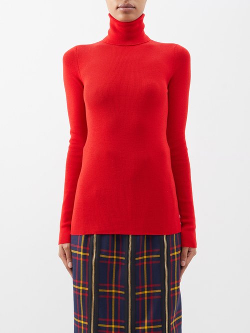 Gucci - GG-appliqué Ribbed Wool-blend Roll-neck Sweater - Womens - Red