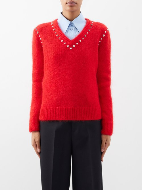 Gucci - V-neck Studded Mohair-blend Sweater - Womens - Red
