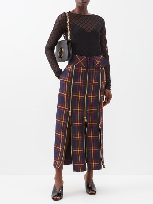 Gucci High-waist Belted Zip-front Wool Tartan Skirt