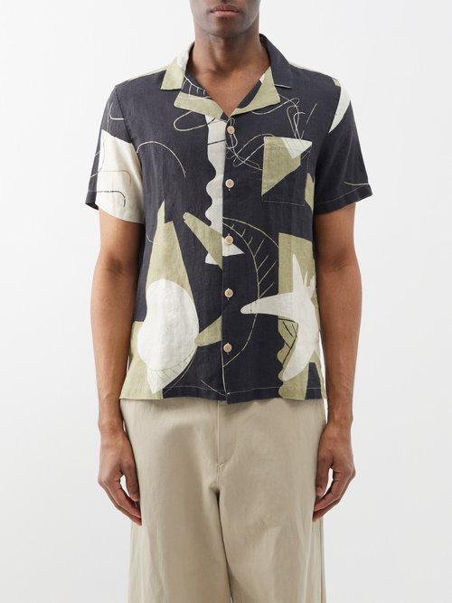Folk - Cuban-collar Void-print Ramie Shirt - Mens - Black Multi
