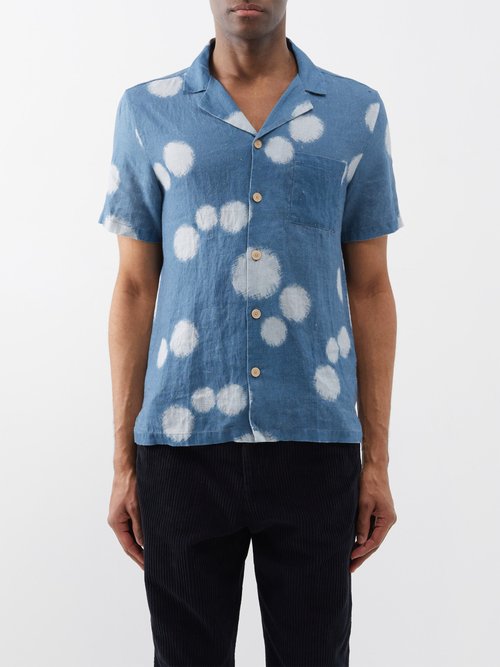 Folk - Cuban-collar Dot-print Ramie Shirt - Mens - Indigo