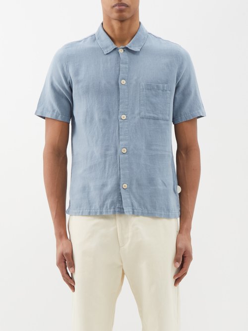 Folk Seoul Linen-blend Short-sleeved Shirt In Blue