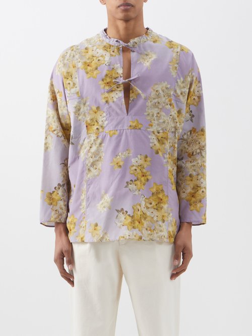 L.E.J Floral-print Tie-placket Cotton-blend Shirt