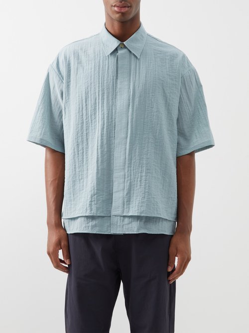 Le17septembre Homme - Layered-hem Textured Short-sleeved Shirt - Mens - Light Blue