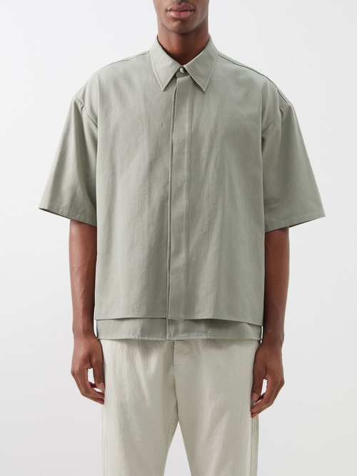 Le17septembre Homme - Short-sleeved Layered Twill Shirt - Mens - Light Green