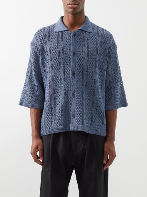 Le17septembre Homme - Cable-knit Linen-blend Cardigan - Mens - Blue