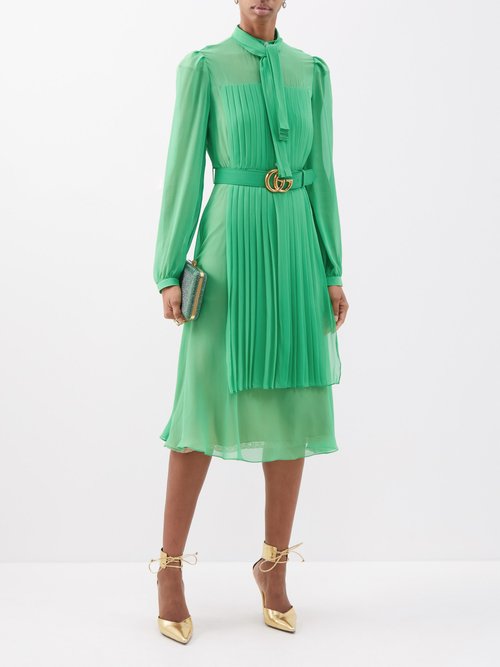 Gucci - Pleated-panel Silk-georgette Dress - Womens - Green