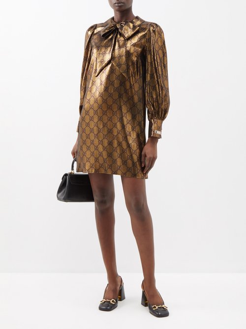 Gucci - Pussybow Silk-blend Gg-lamé Mini Dress - Womens - Brown Multi