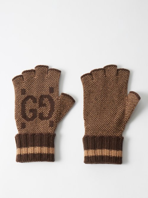 Gucci Gg-jacquard Fingerless Cashmere Gloves In Brown Multi