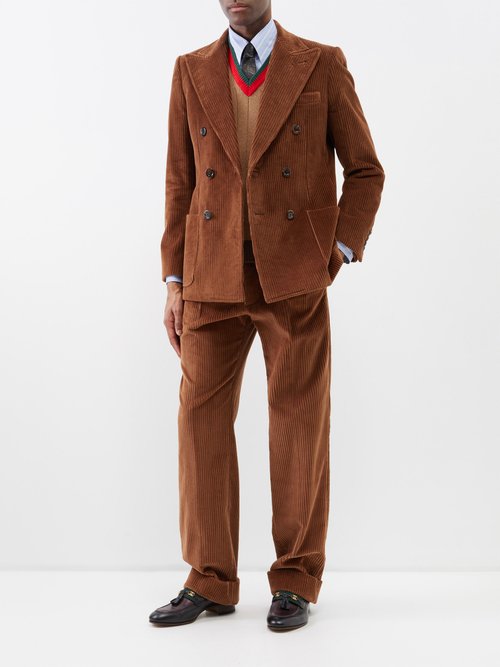 Gucci - Double-breasted Cotton-corduroy Suit Jacket - Mens - Dark Brown