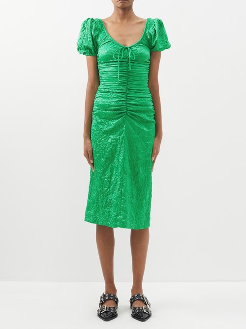 Ganni - Ruched Crinkled-satin Midi Dress - Womens - Green