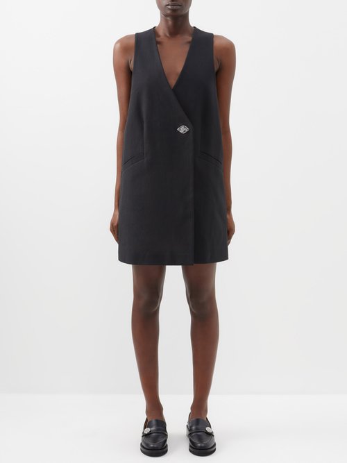 Ganni - Wrap-front V-neck Wool Mini Dress - Womens - Black