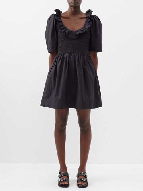 Ganni - Ruffled Smocked Poplin Dress - Womens - Black