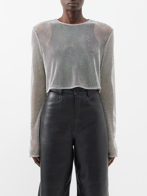 Ganni - Crystal-embellished Mesh Cropped Top - Womens - Silver