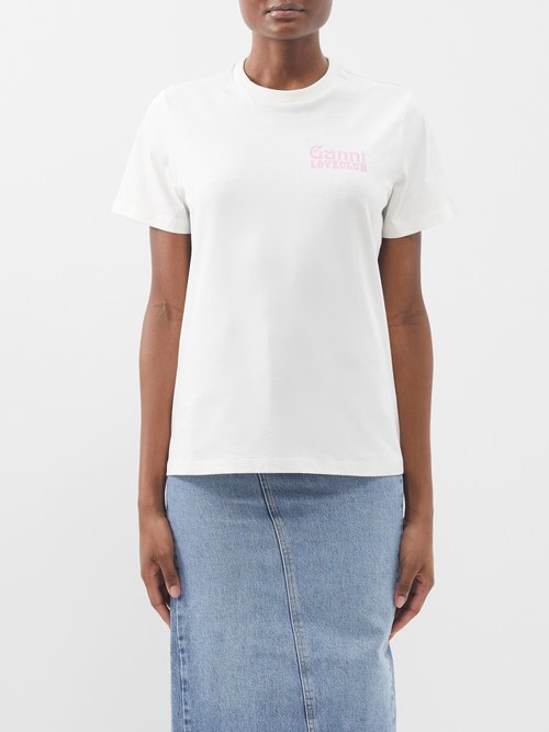 Ganni - Nightclub Logo-print Cotton-jersey T-shirt - Womens - White Pink