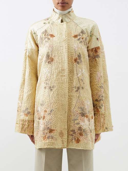 By Walid Vintage 19th-century Embroidered-silk Coat In Beige Multi