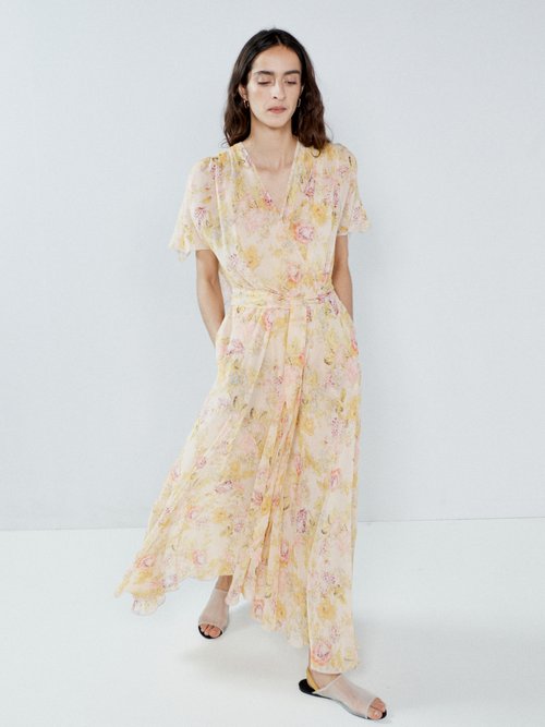 Raey - Acid Floral-print Tie-sleeve Silk Dress - Womens - Yellow Print