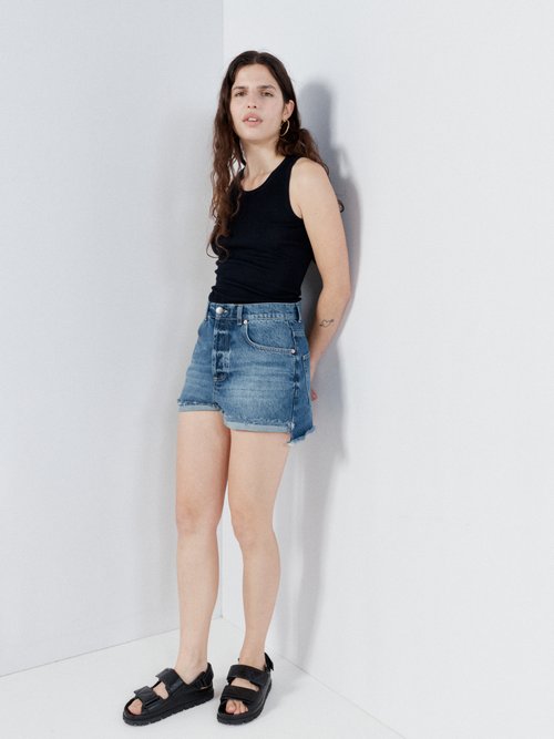 Raey - Clip Organic Cotton-blend Frayed-hem Shorts - Womens - Dark Indigo