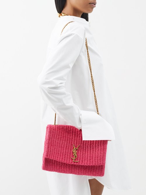 Pink Kate medium YSL-logo raffia shoulder bag, Saint Laurent