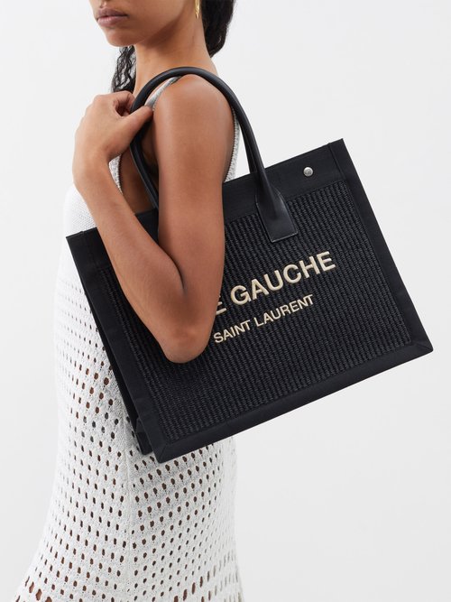 SAINT LAURENT: Rive Gauche raffia and leather tote bag - Beige