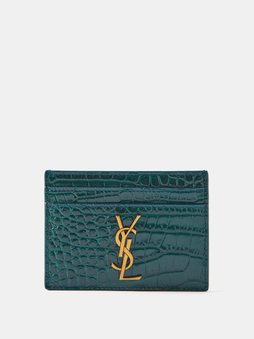 Saint Laurent Cassandre Croc-effect Leather Card Holder In Foliage Green