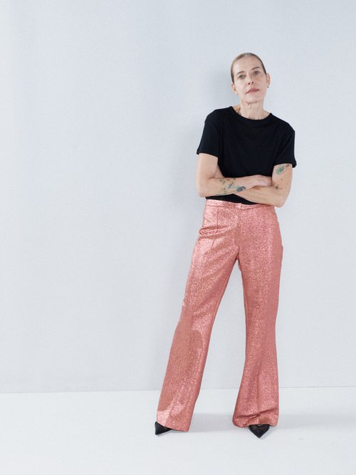 Raey - Flared Silk-blend Lurex Trousers - Womens - Pink Multi