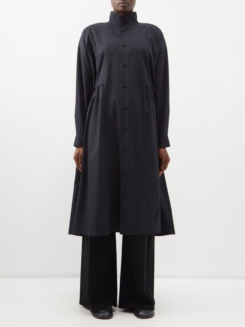 Eskandar - Stand-collar Cotton-poplin A-line Midi Dress - Womens - Black