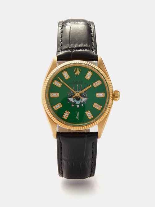 Jacquie Aiche - Vintage Rolex Oyster 34mm Diamond & Gold Watch - Mens - Black Green