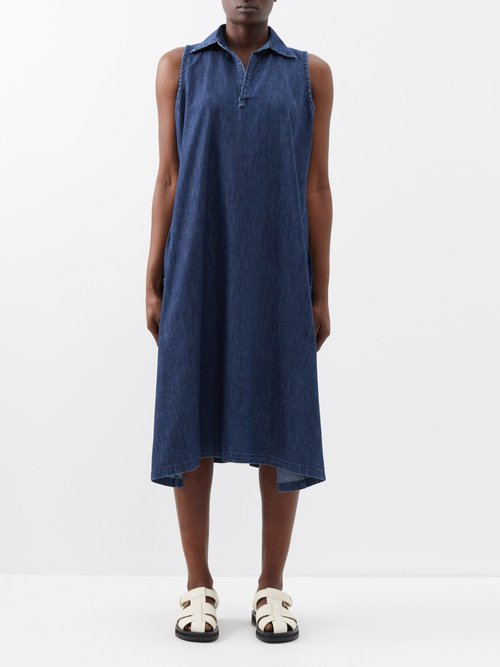 Eskandar - Spread-collar Oversized Denim Midi Dress - Womens - Dark Blue