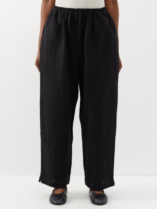 Eskandar - Elasticated-waist Linen Wide-leg Trousers - Womens - Black