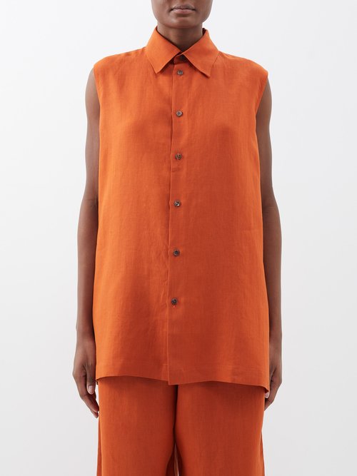 Eskandar - Sleeveless Linen Shirt - Womens - Orange