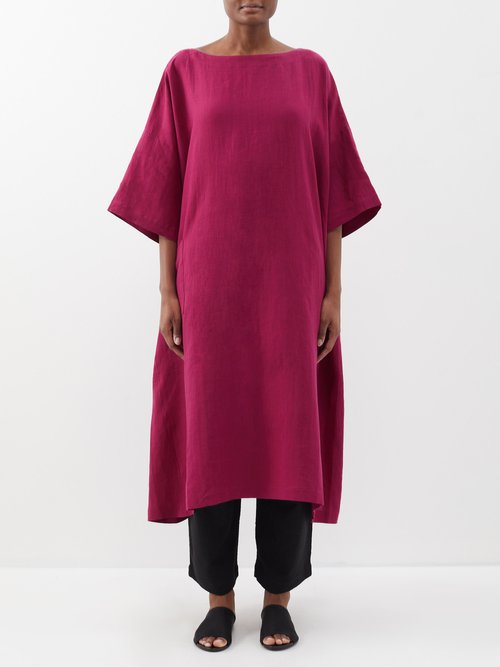 Eskandar - Boat-neck Linen Midi Dress - Womens - Magenta