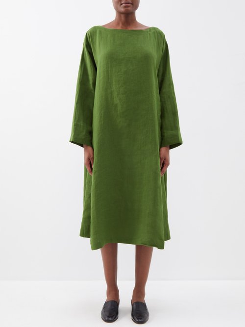 Eskandar - Boat-neck Linen Midi Dress - Womens - Dark Green