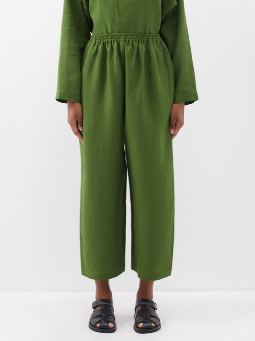 Eskandar - Elasticated-waist Linen Trousers - Womens - Dark Green