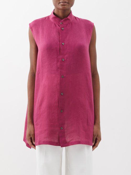 Eskandar - Stand-collar Sleeveless Linen Shirt - Womens - Pink