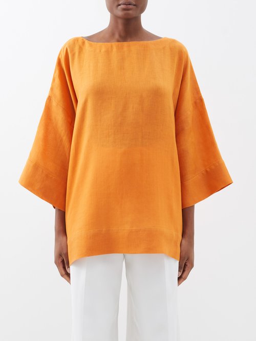 Eskandar - Boat-neck Linen Top - Womens - Orange