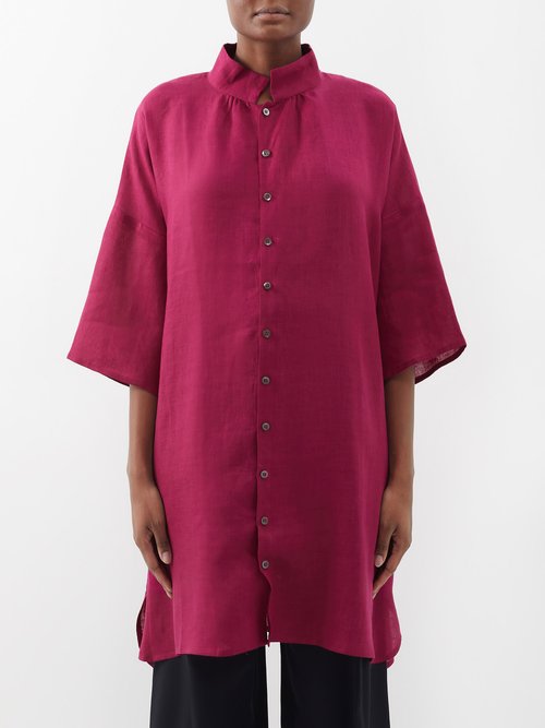 Eskandar - Stand-collar Linen Tunic Shirt - Womens - Magenta