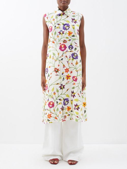 Eskandar - Sleeveless Floral-print Linen Midi Dress - Womens - White Multi