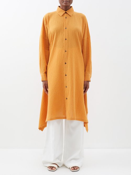 Eskandar - Striped Cotton-seersucker Midi Shirt Dress - Womens - Orange