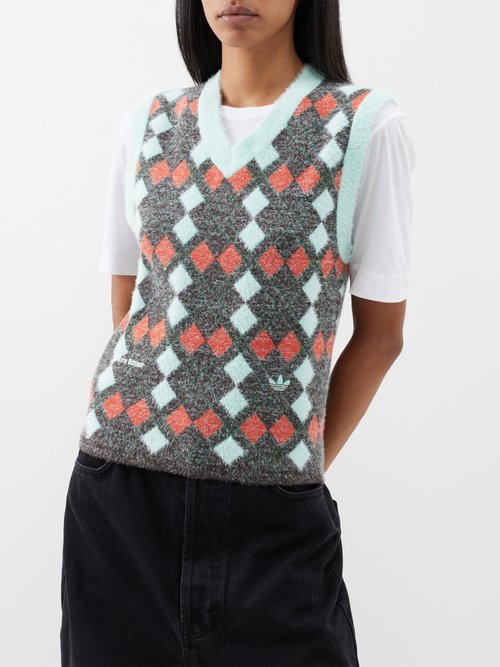 Adidas X Wales Bonner Argyle-jacquard Knit Sweater Vest In Multi