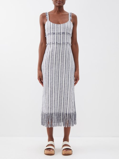 La Ligne - Striped Fringe-trim Tweed Midi Dress - Womens - Navy Cream