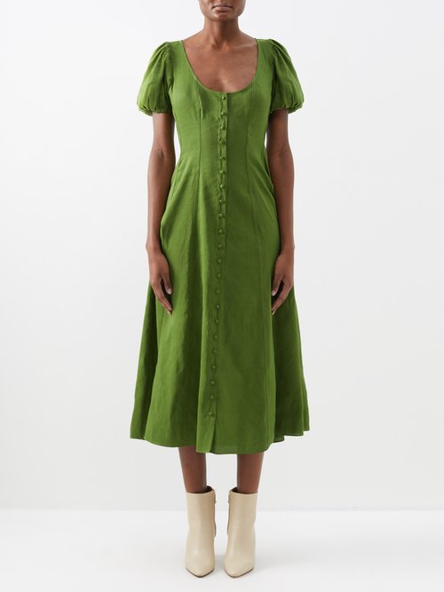 La Ligne - Francesca Puff-sleeve Linen-blend Midi Dress - Womens - Green