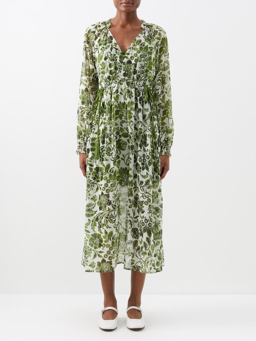 La Ligne - Aleksandra Floral-print Georgette Midi Dress - Womens - Ivory Green