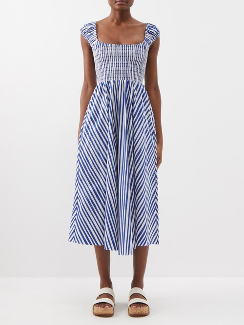 La Ligne - Vivian Smocked Striped Cotton Dress - Womens - White Blue