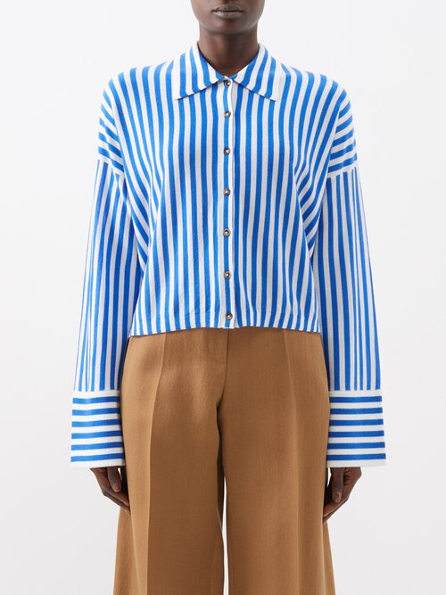 La Ligne - Cropped Striped Wool Shirt - Womens - Cream Blue
