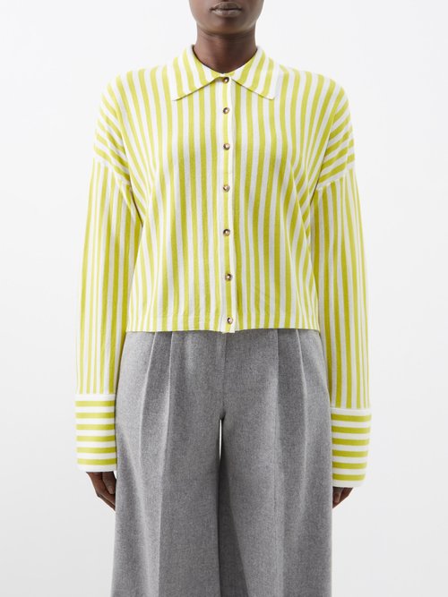 La Ligne - Striped Merino Cropped Shirt - Womens - Cream Yellow