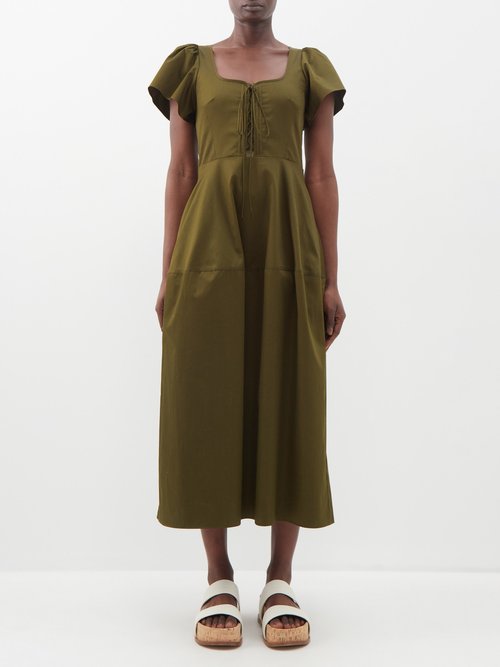 La Ligne Liv Puff-sleeve Lace-up Cotton Midi Dress In Dark Olive