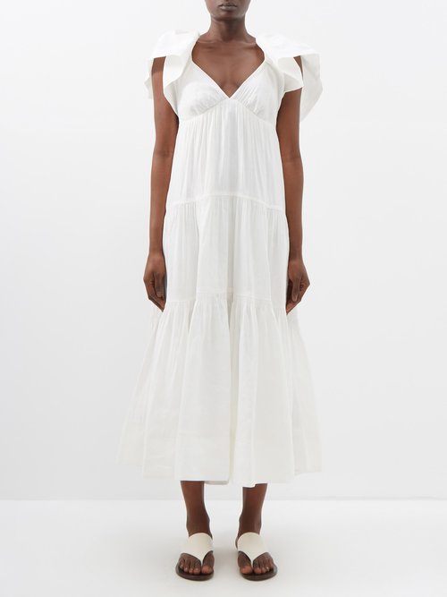La Ligne - Stella Ruffled-shoulder Linen-blend Midi Dress - Womens - Ivory