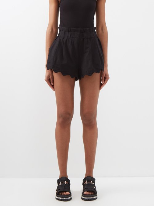Sea - Leona Scallop-edge Cotton-blend Shorts - Womens - Black