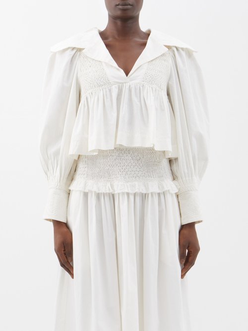 Sea - Willa Puff-sleeve Smocked Cotton Blouse - Womens - White